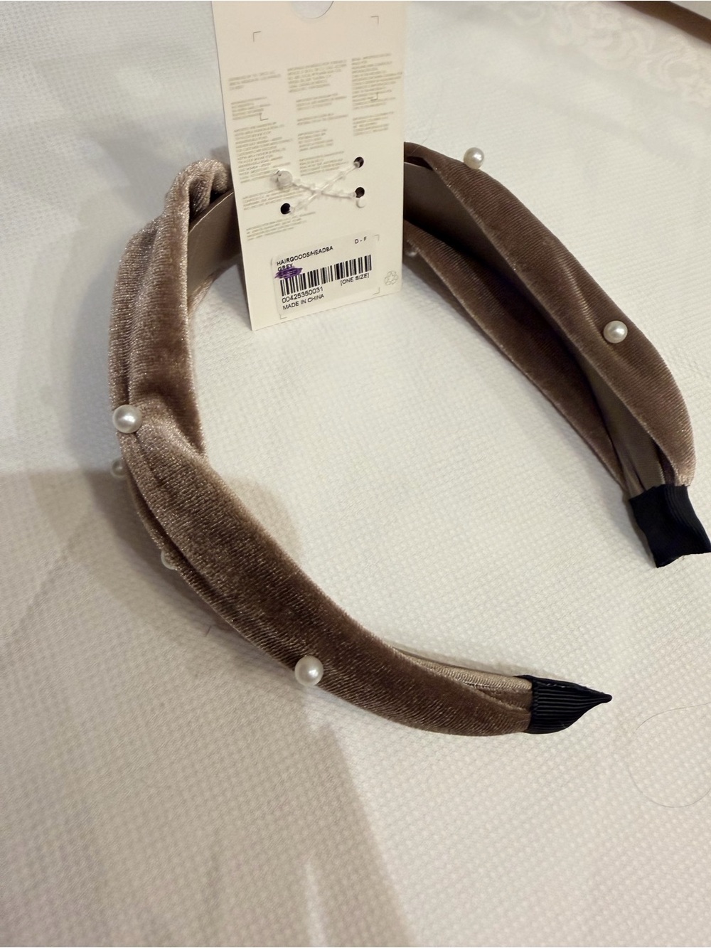 NWT: Velvet Pearl-Knot Headband in Taupe - Picture 5 of 5